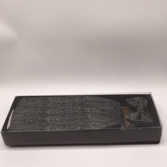 Bow Tie & Cummerbund Black Grey Paisley with Box - Picture 11 of 11